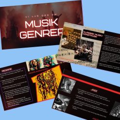 6 musiklektioner färdigplanerade - Komplett paket om musikgenrer presentation med tillhörande uppgift + test.