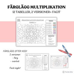 Färglägg efter kod – multiplikationstabell 1–12 | två versioner + facit