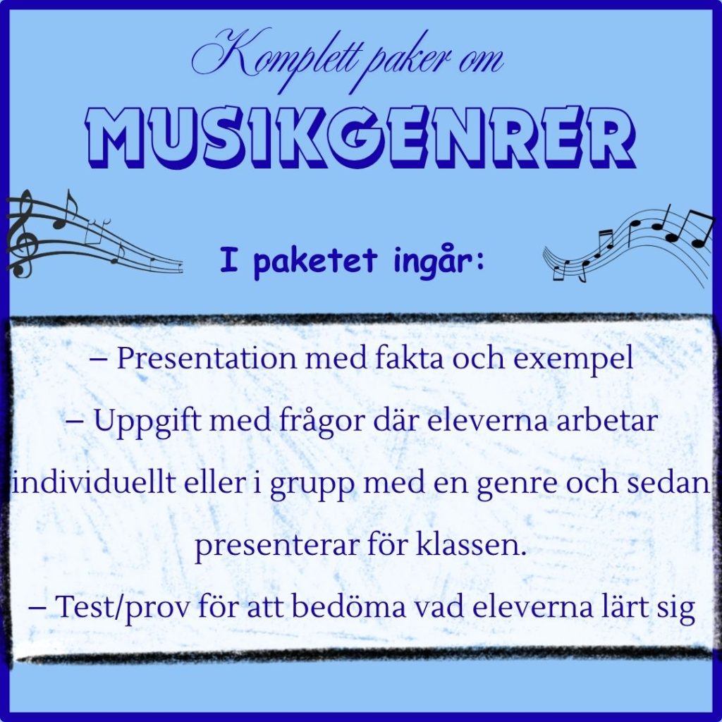 6 musiklektioner färdigplanerade – Komplett paket om musikgenrer presentation med tillhörande uppgift + test.