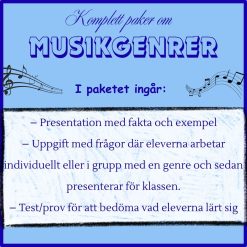 6 musiklektioner färdigplanerade - Komplett paket om musikgenrer presentation med tillhörande uppgift + test.