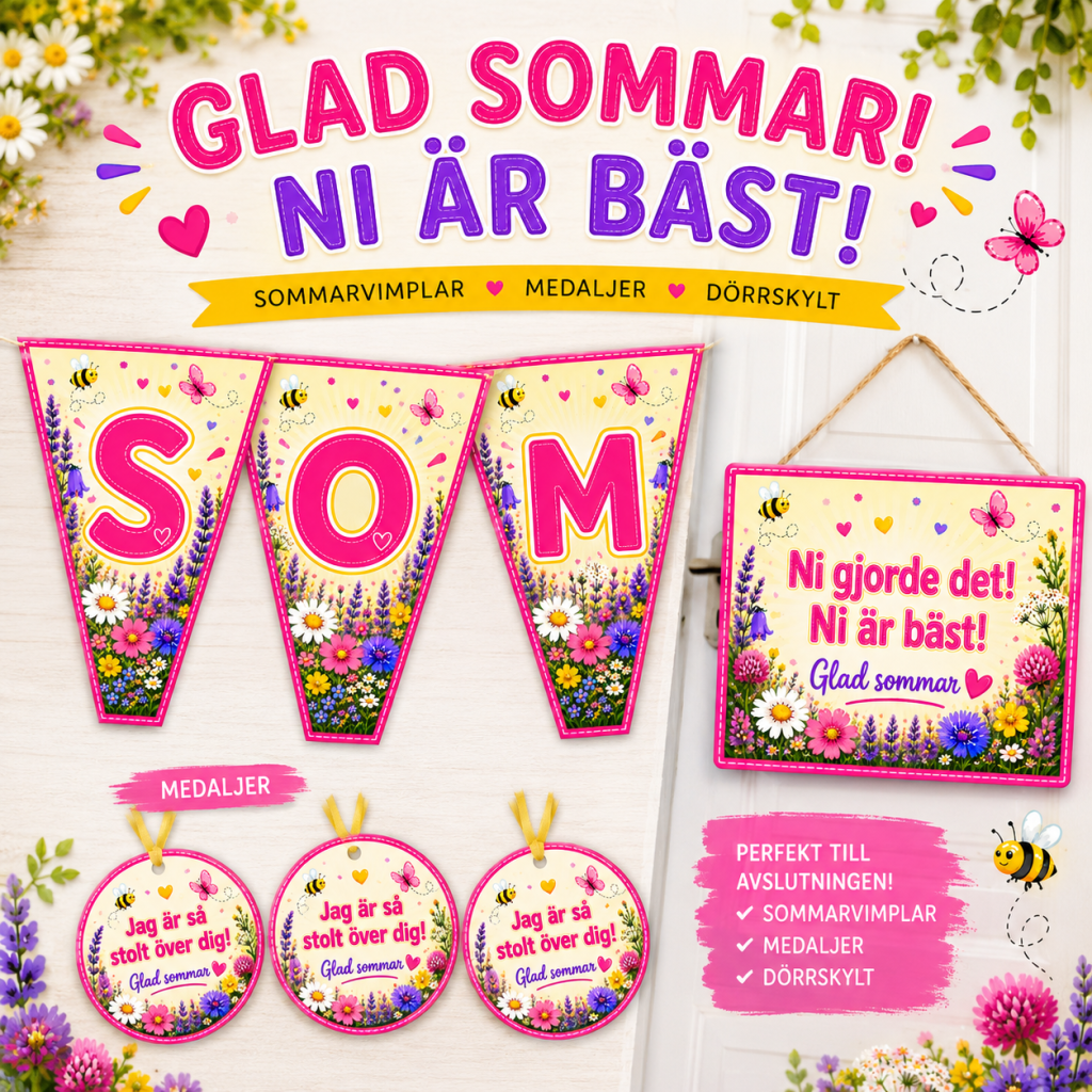 Sommardekoration – vimplar och medaljer – GLAD SOMMAR + NI ÄR BÄST!