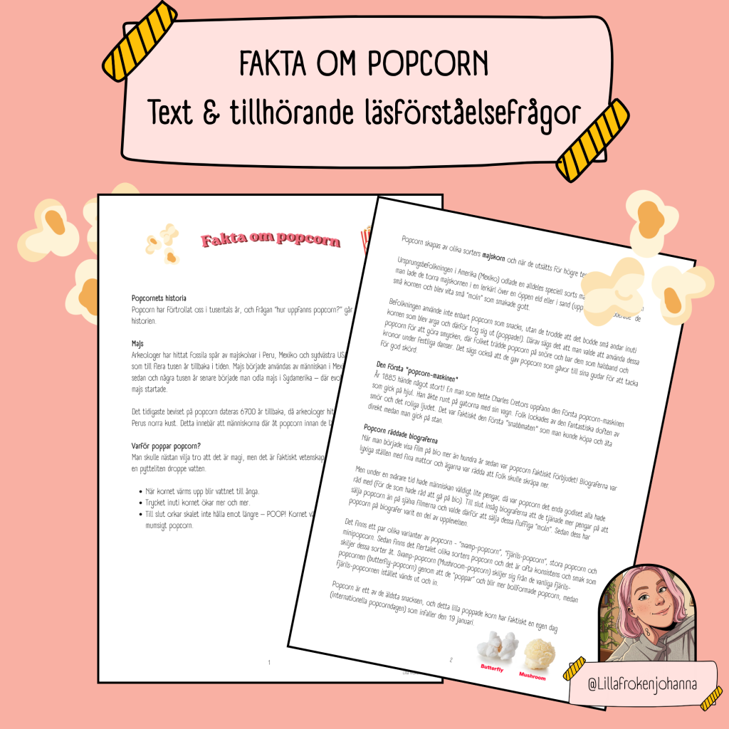 Fakta om popcorn – text med läsförståelsefrågor 🍿