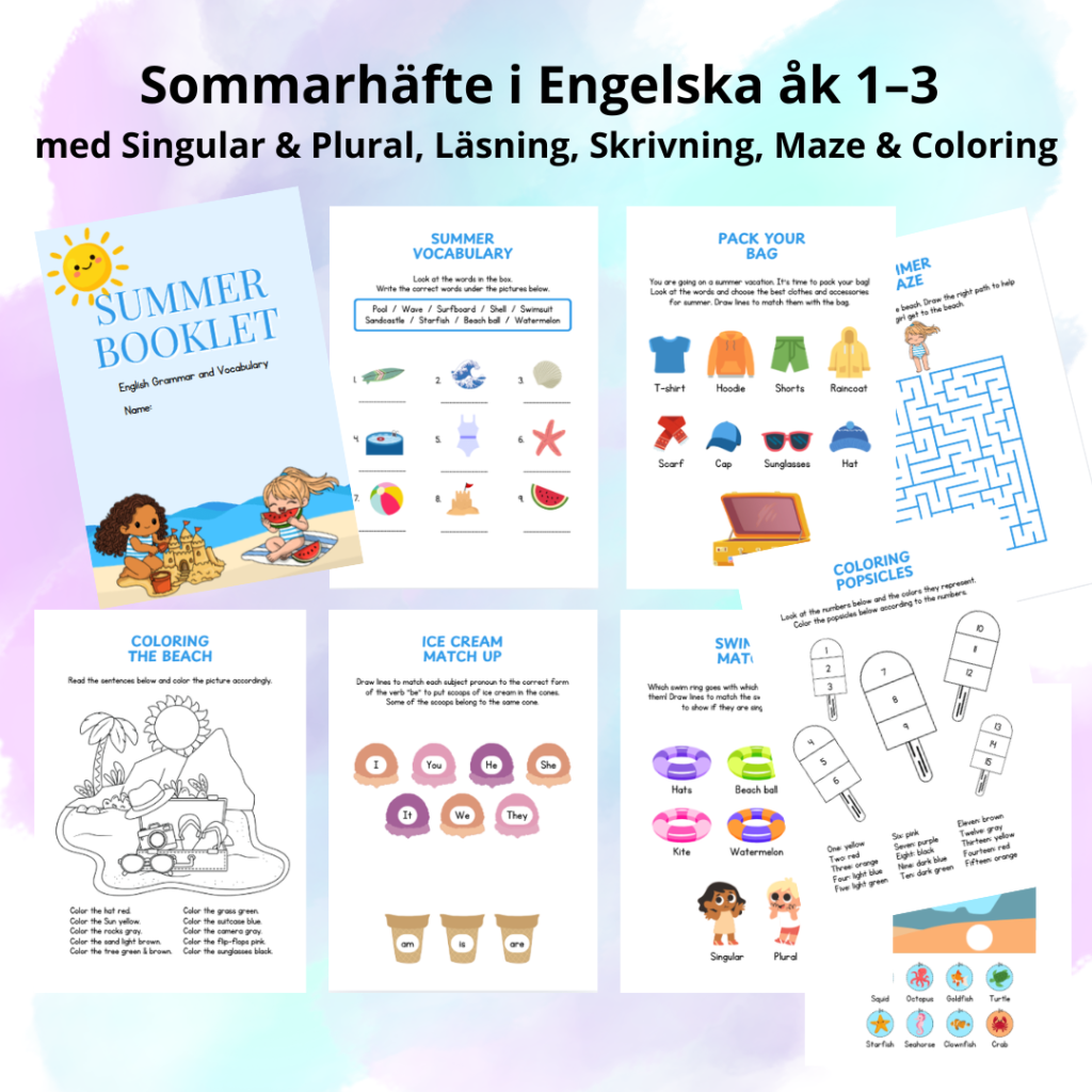 Sommarhäfte i Engelska åk 1–3 | Summer English Workbook med Singular & Plural, Läsning, Skrivning, Maze & Coloring