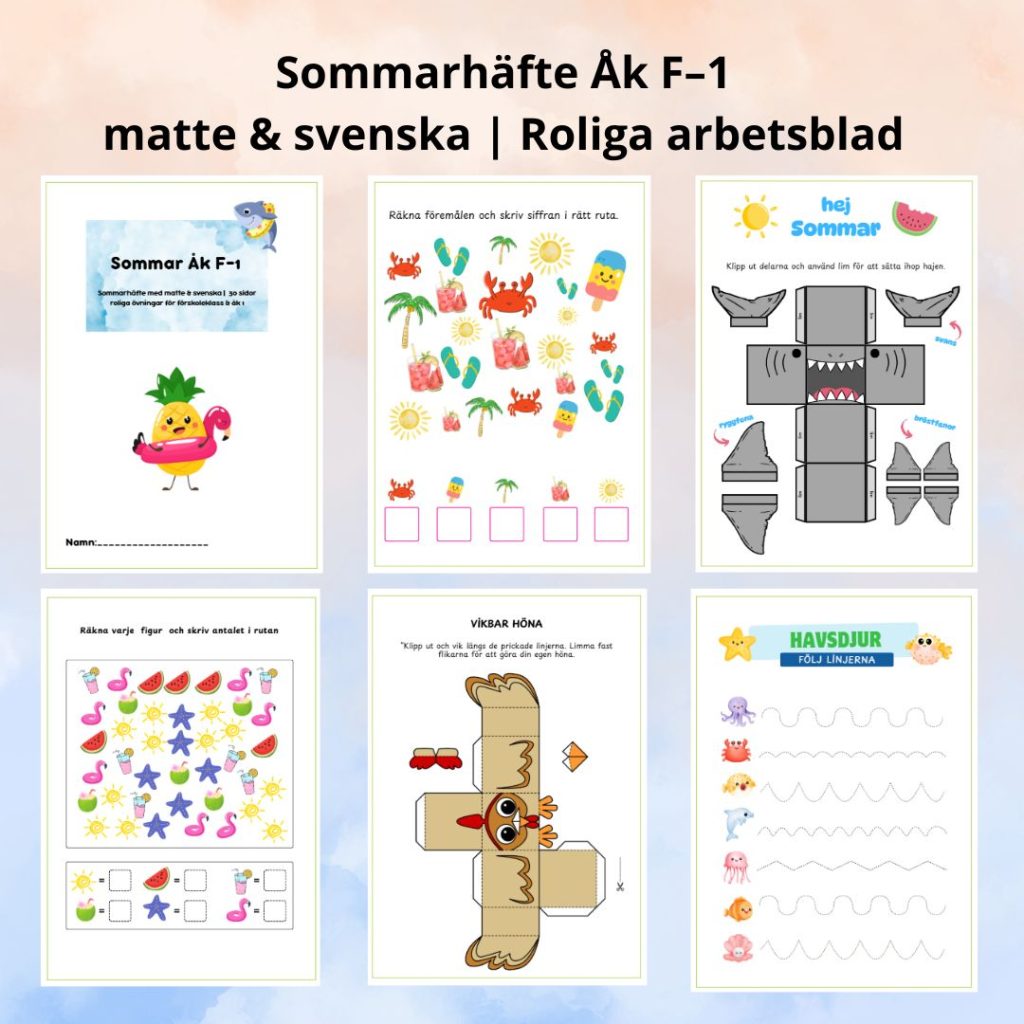 Sommarhäfte Åk F–1 – matte & svenska | Roliga arbetsblad för förskoleklass och åk 1