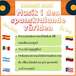 KOMPLETT paket för FLERA lektioner-Musik i den spansktalande världen! Presentation med länkar till musikexempel & dokument med fakta & två elevuppgifter