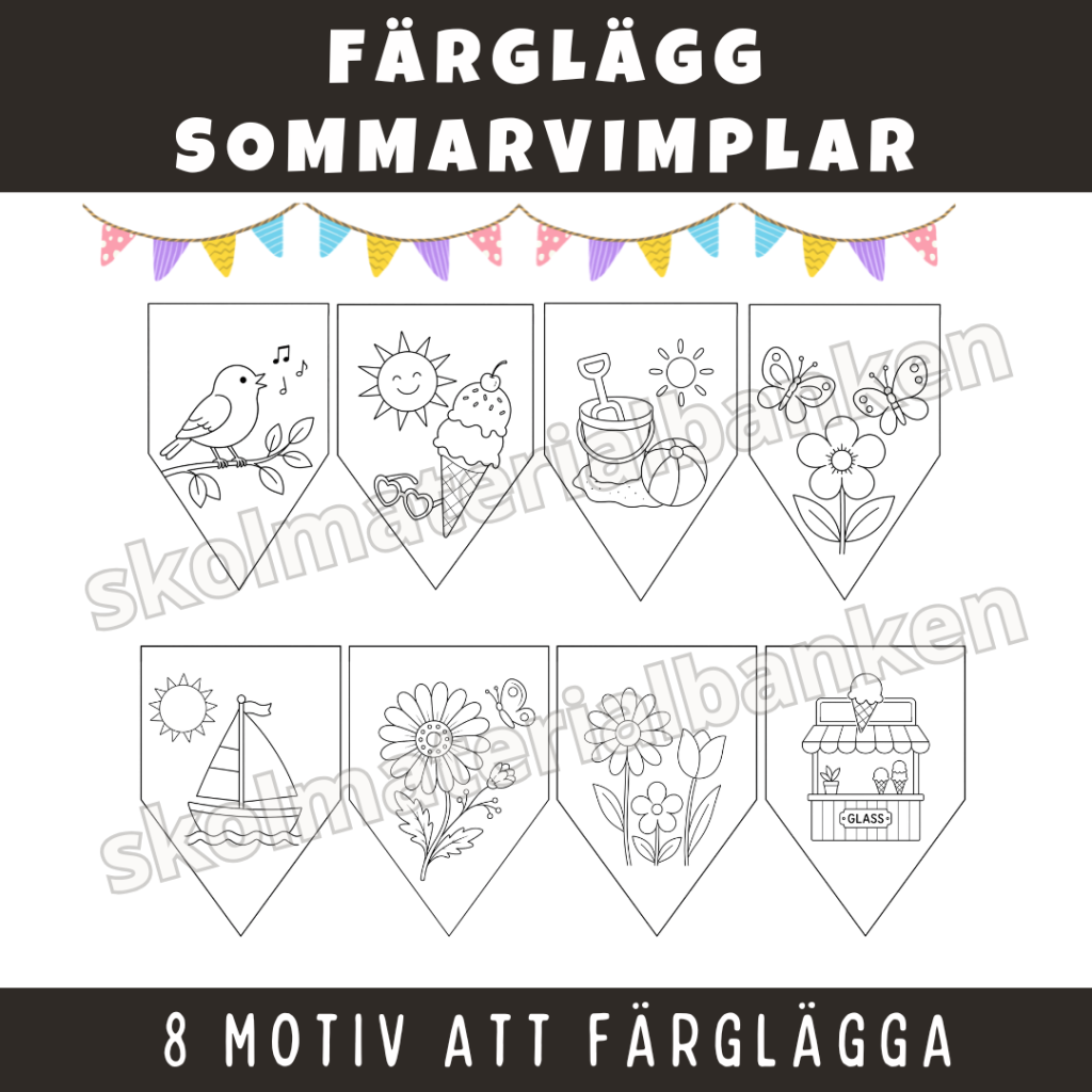 Färglägg sommarvimplar med 8 olika motiv!