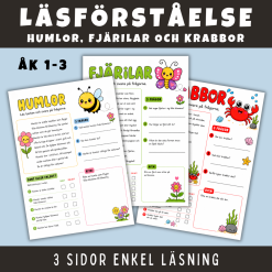 Sommarläsning, läsförståelse om humlor, fjärilar och krabbor