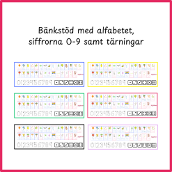 Bänkstöd med alfabetet, siffrorna 0-9 samt tärningar