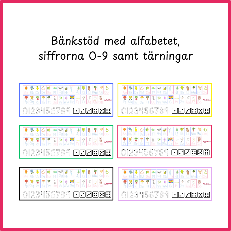 Bänkstöd med alfabetet, siffrorna 0-9 samt tärningar