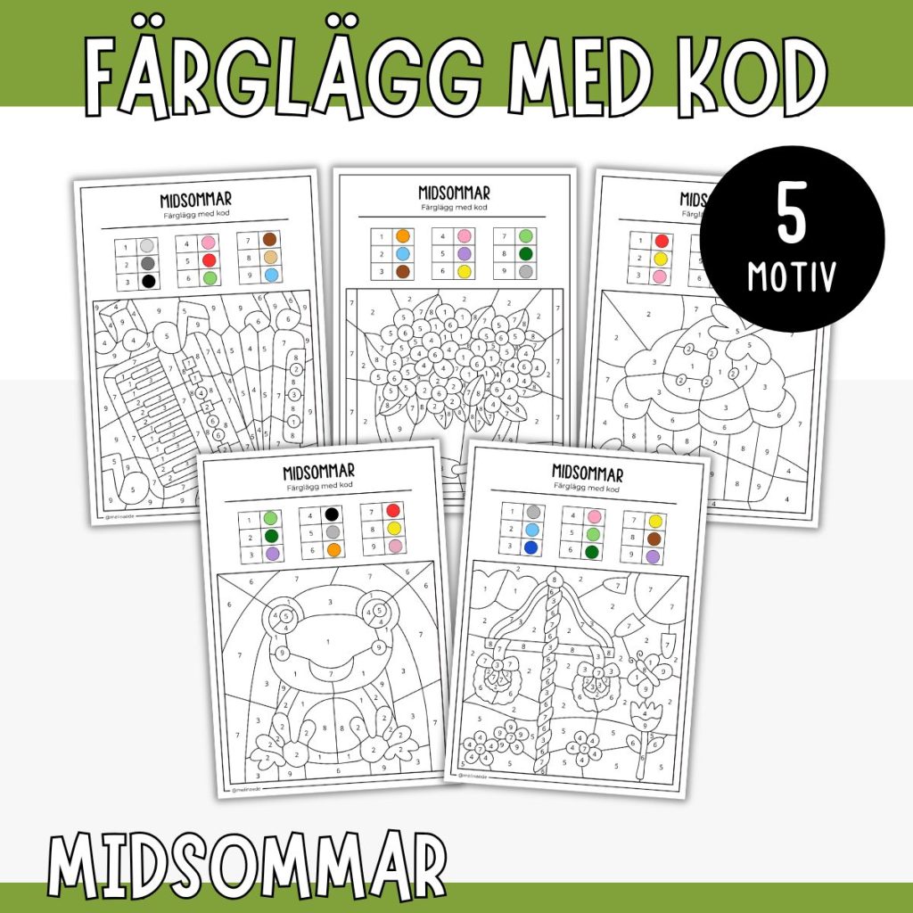 Midsommar färglägg efter kod – Siffror 1-9