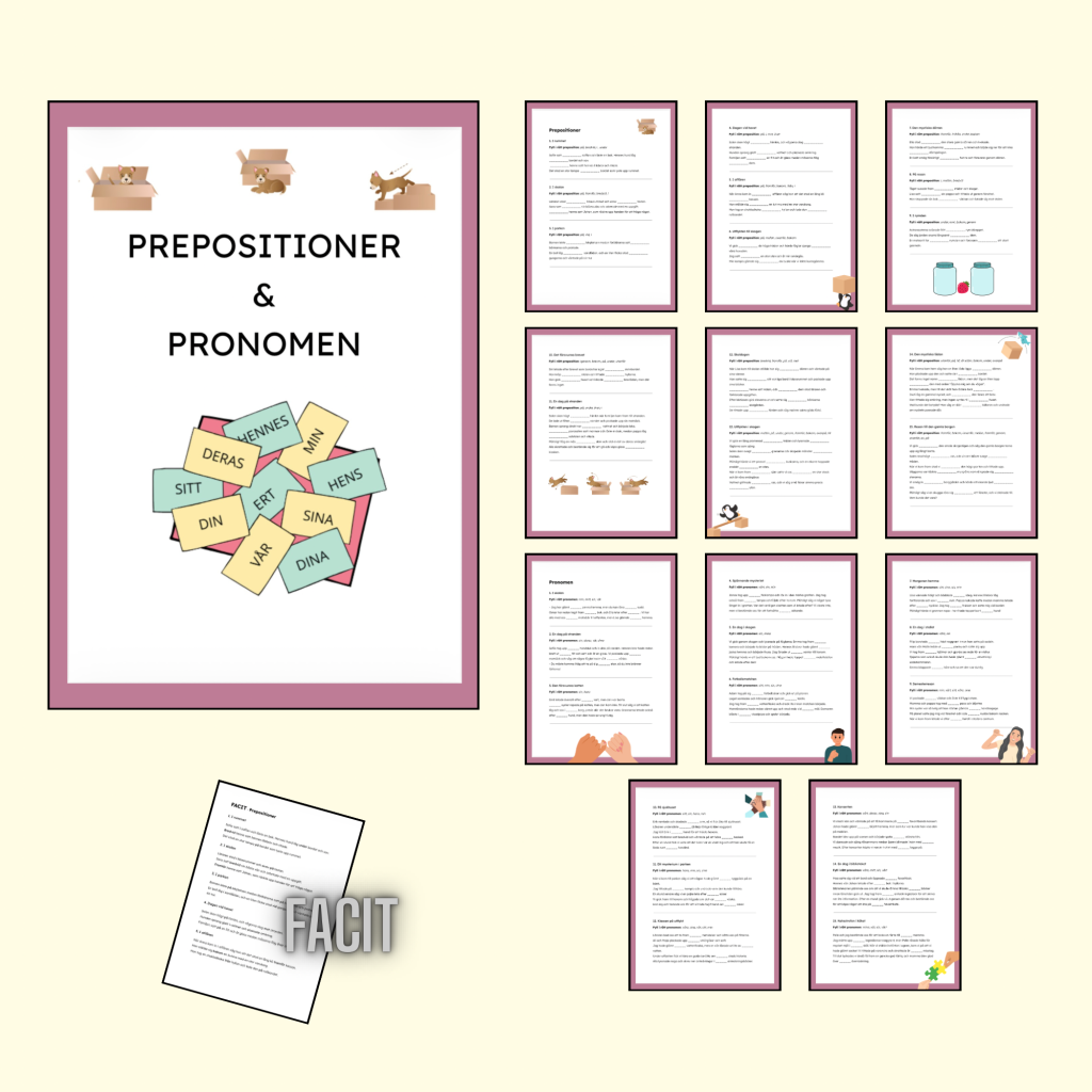Häfte/arbetsblad: prepositioner & pronomen (med facit)