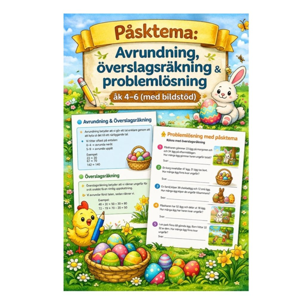 Påsktema: Avrundning, överslagsräkning & problemlösning – åk 4–6 (med bildstöd)