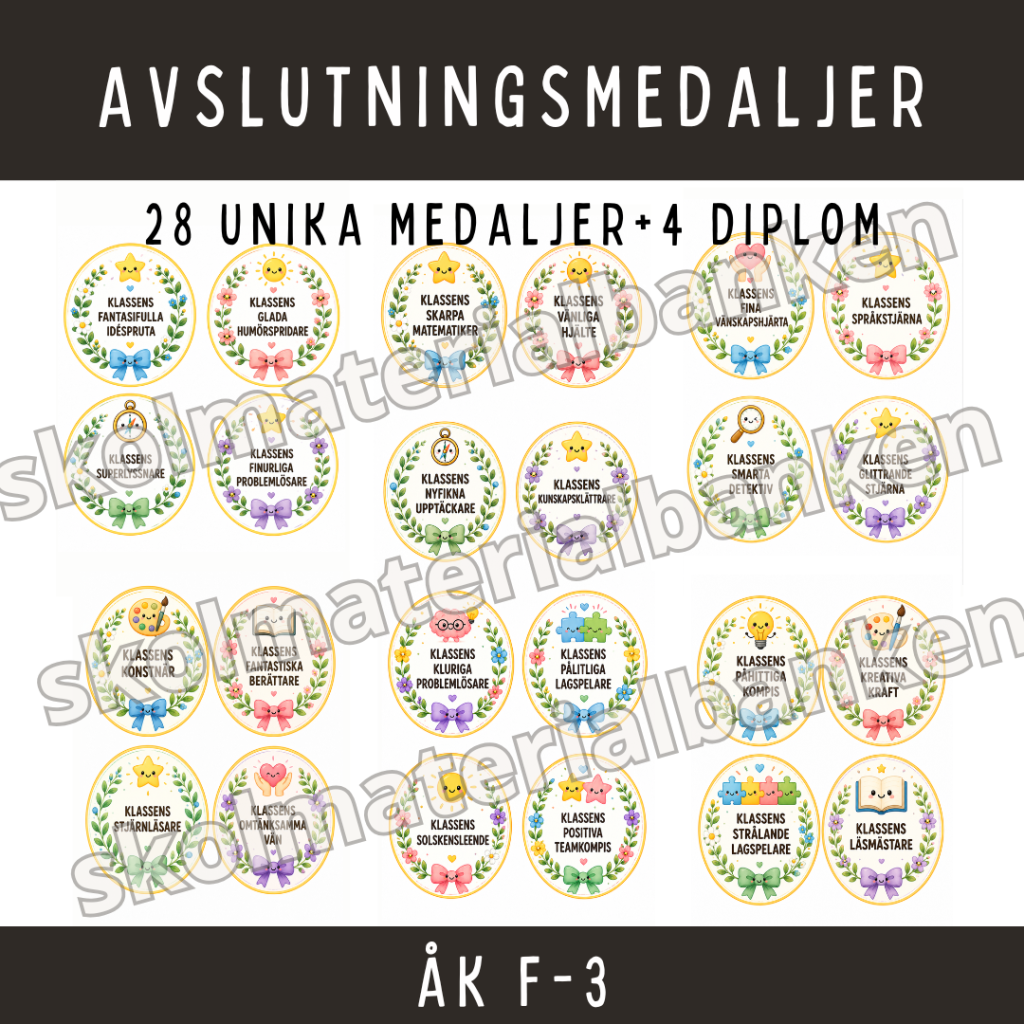 Somriga avslutningsmedaljer & diplom för F–3