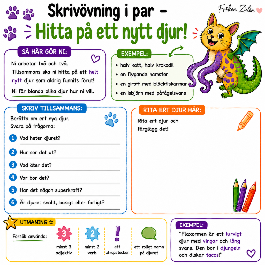 Skrivövning i par – Hitta på ett efter djur.