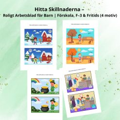 Hitta Skillnaderna – Roligt Arbetsblad för Barn | Förskola, F–3 & Fritids (4 motiv)