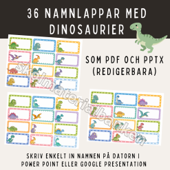 Söta namnlappar med dinosaurier, som pdf och redigerbara i pptx