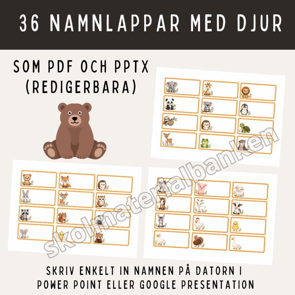 Söta namnlappar med djur, som pdf och redigerbara i pptx