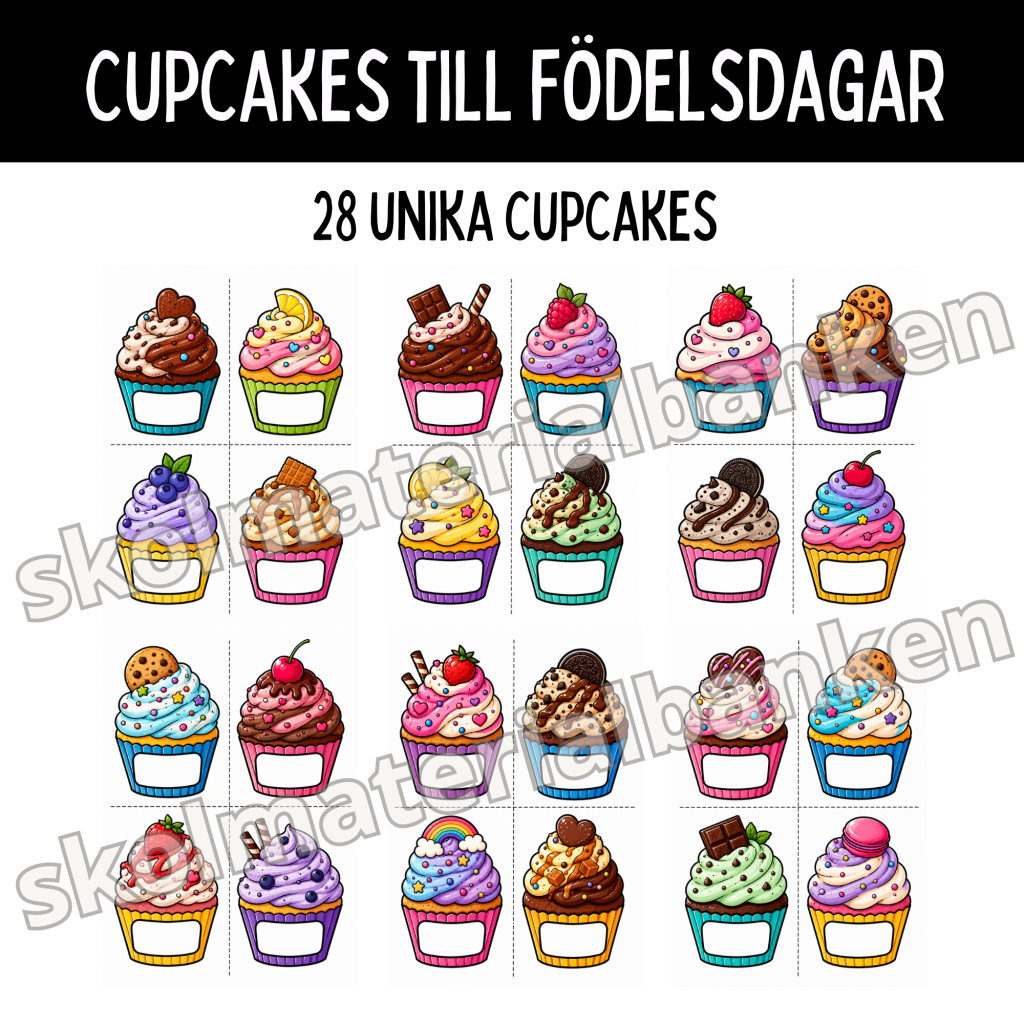 Cupcakes till födelsedagar, 28 unika cupcakes att skriva elevernas födelsedagar i.