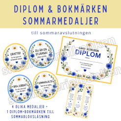Sommardiplom, bokmärken till sommarlovsläsning och sommarmedaljer till skolavslutningen