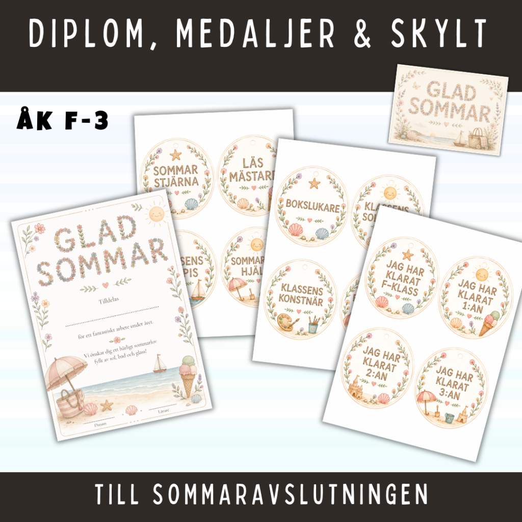 Sommardiplom, medaljer och skylt, åk F-3