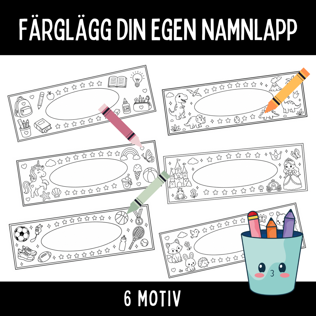 Färglägg din egen namnlapp, 6 motiv