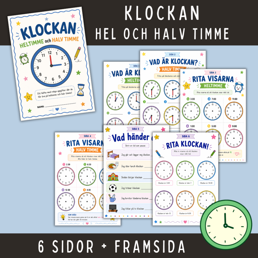 Klockan, hel och halv timme, 6 sidor