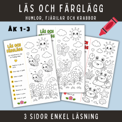 Läs och färglägg humlor, fjärilar och krabbor, 3 sidor