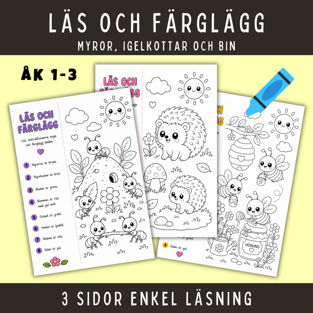 Läs och färglägg om myror, igelkottar och bin, 3 sidor