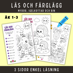 Läs och färglägg om myror, igelkottar och bin, 3 sidor