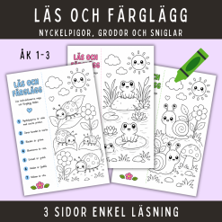 Läs och färglägg om nyckelpigor, grodor och sniglar, 3 sidor