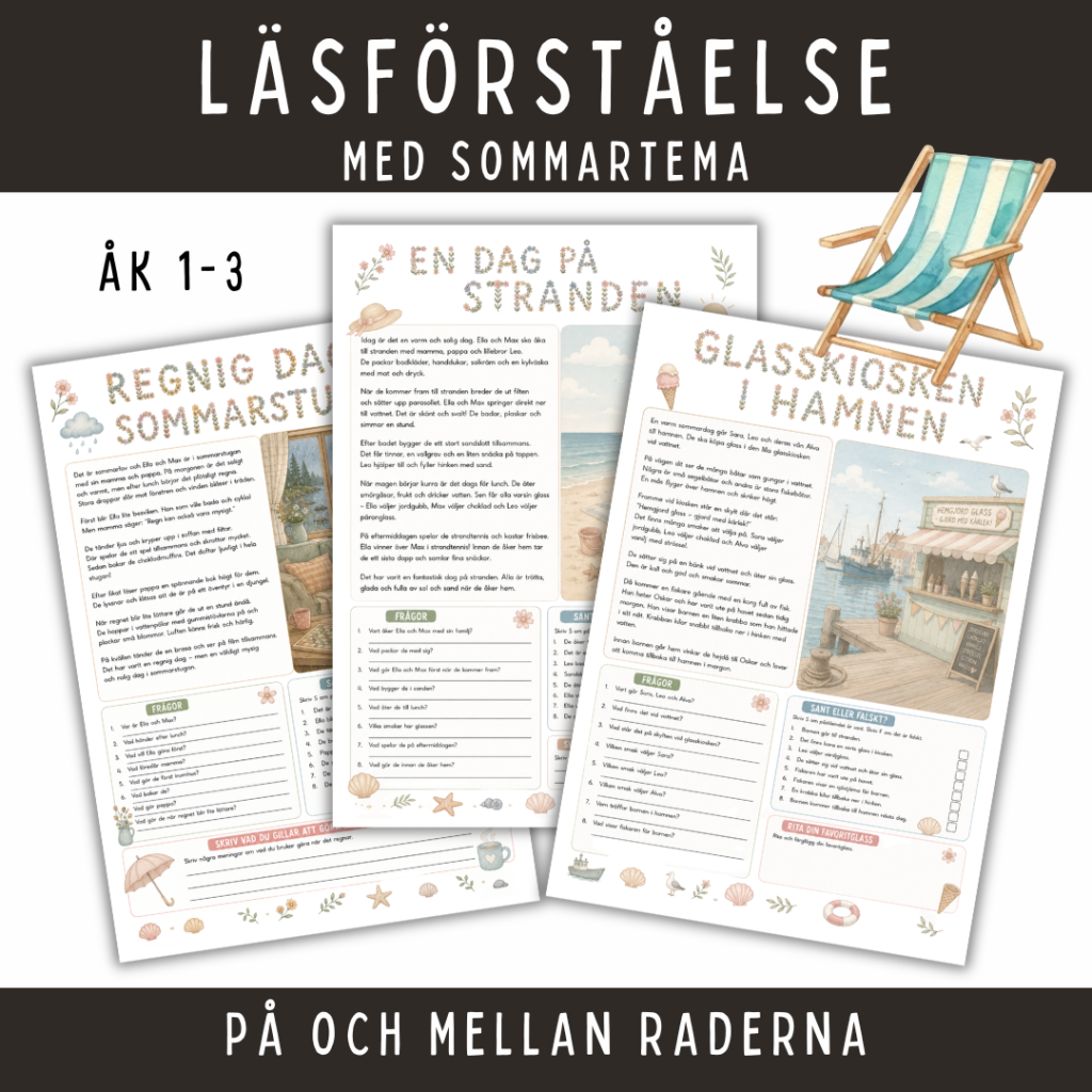 Läsförståelse med sommartema, på och mellan raderna, 3 sidor