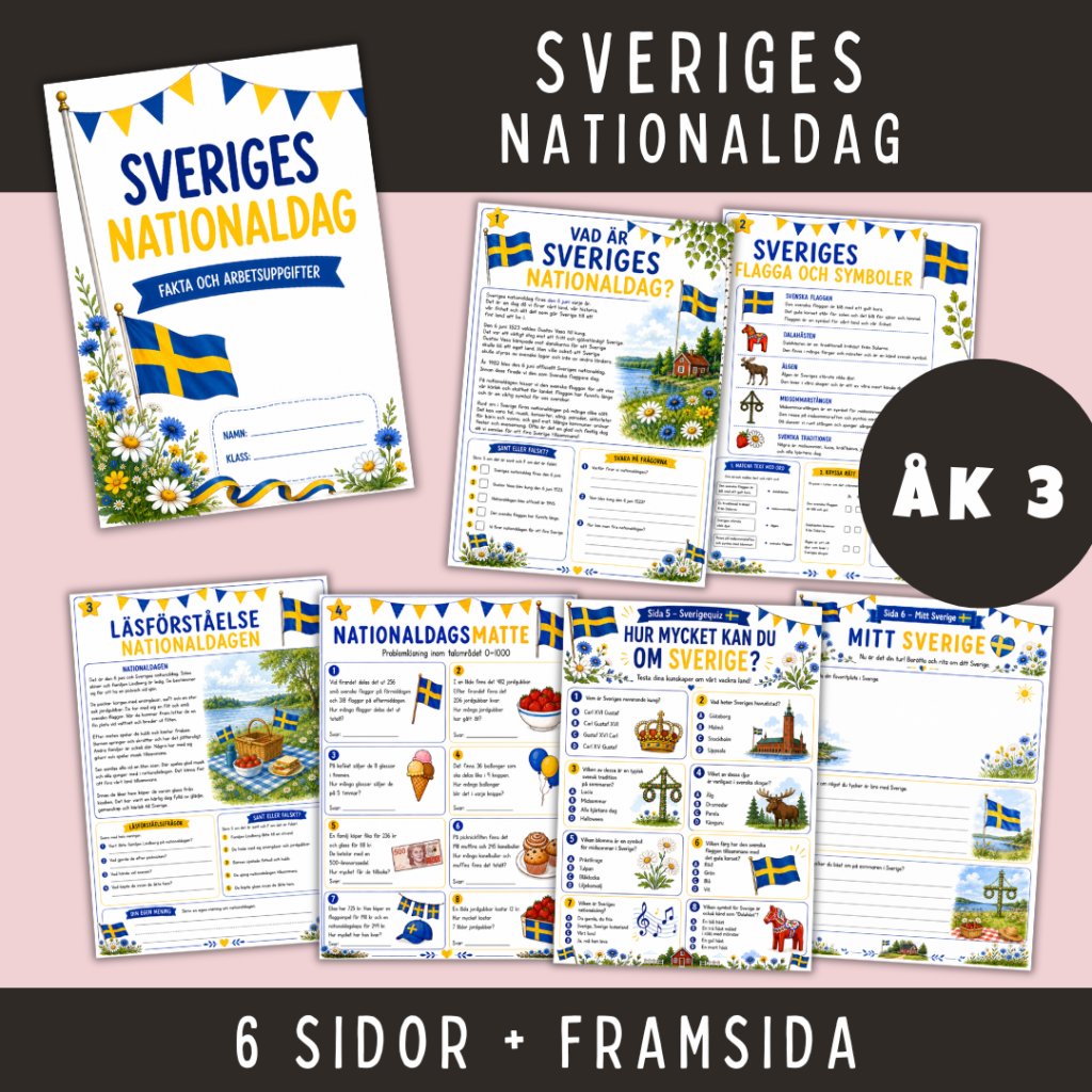 Sveriges nationaldag, häfte för åk 3, 6 sidor + framsida