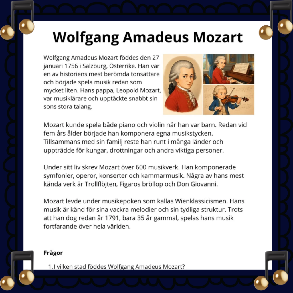 Faktatext om Mozart med läsförståelsefrågor