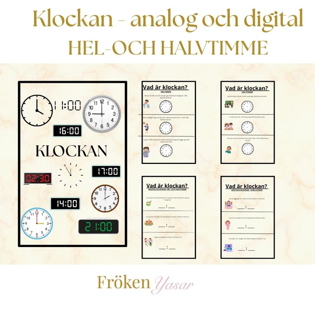 Klockan – analoga och digital (hel-och halvtimme)