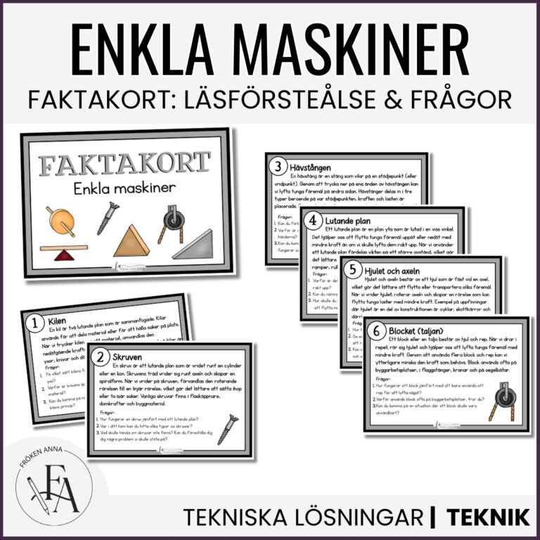 Enkla maskiner: Faktakort (läsförståelse och frågor)
