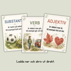 Grammatikaffischer för substantiv, verb och adjektiv