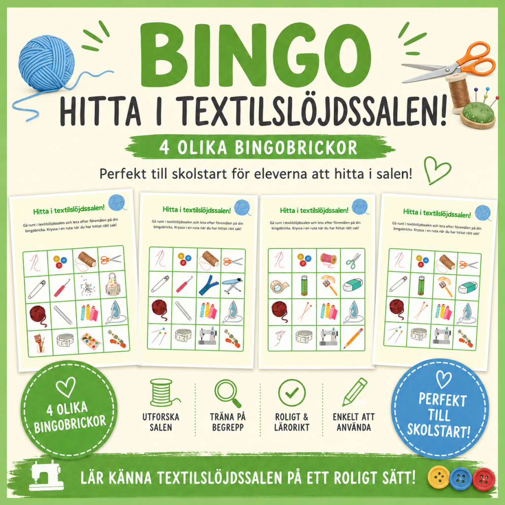 Textilslöjd Bingo – Hitta i textilslöjdssalen