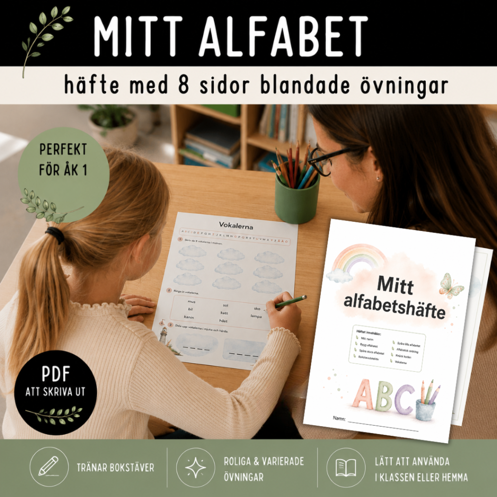 Mitt alfabetshäfte, 8 sidor blandade uppgifter
