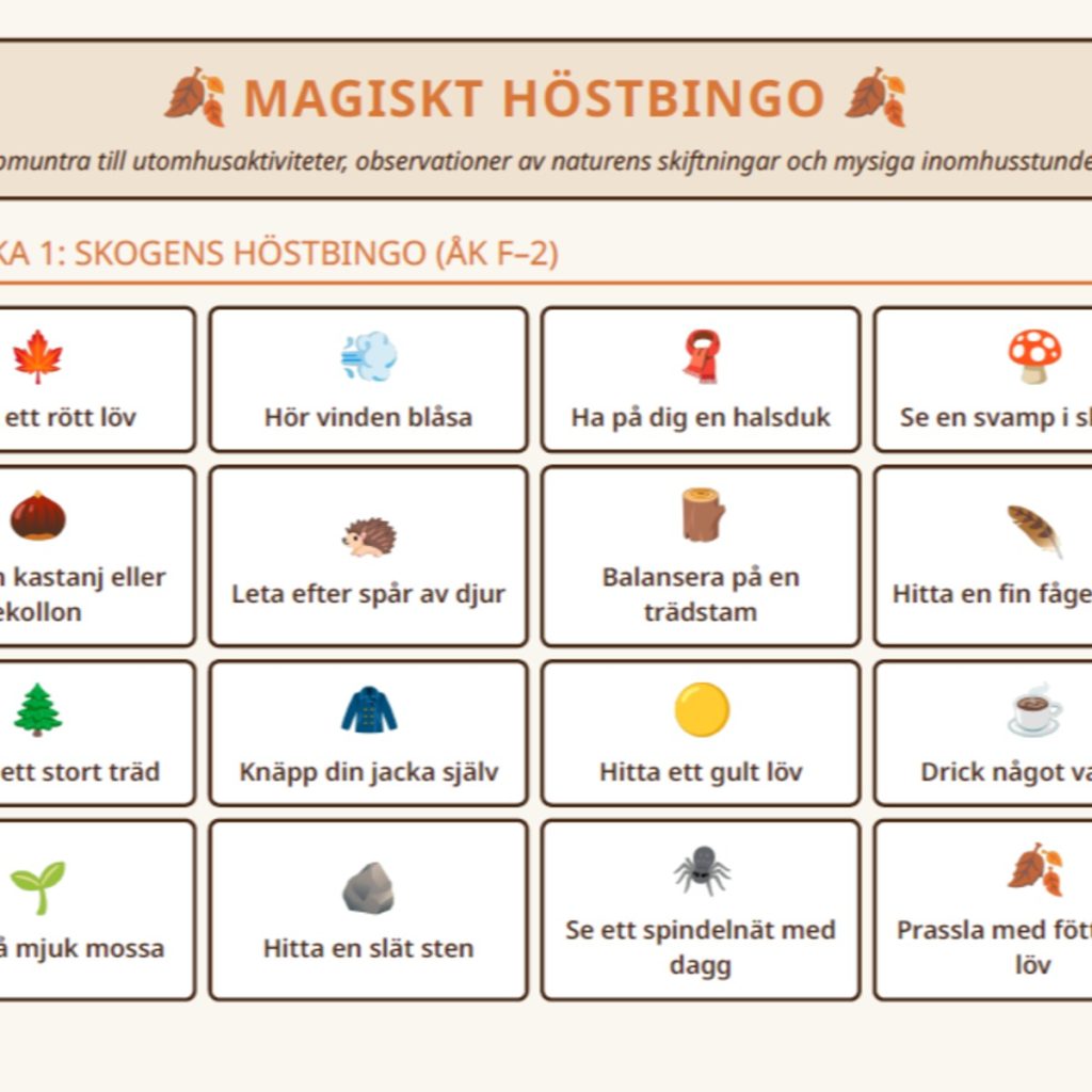 Magiskt höstbingo – Utomhus & Mysaktiviteter (Åk F–5)