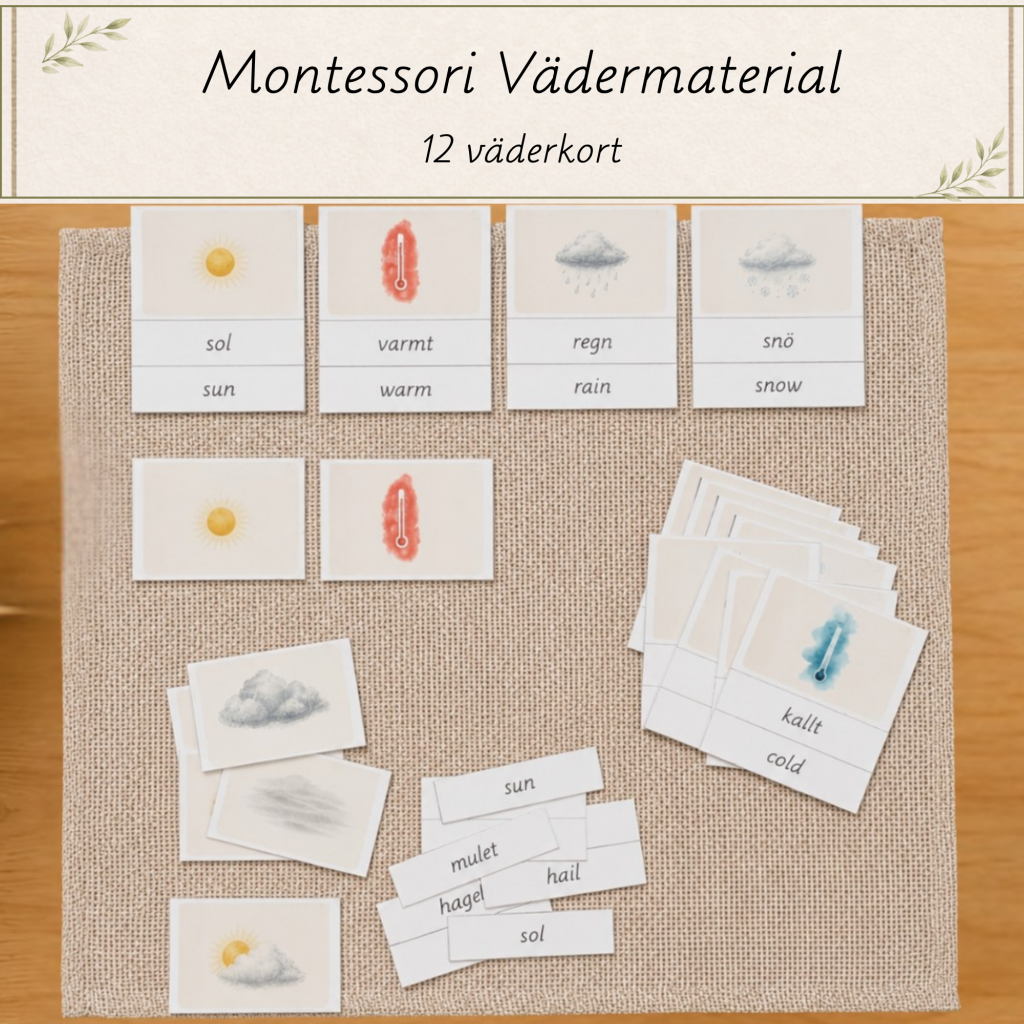 Montessori vädermaterial – 12 väderkort | Svenska & engelska |