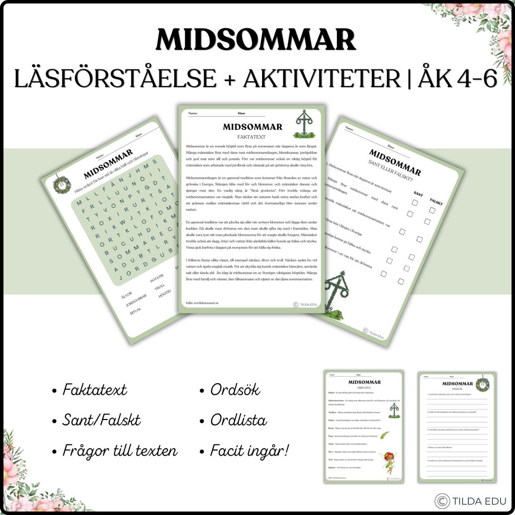 Midsommar – läsförståelse & aktiviteter | Åk 4–6