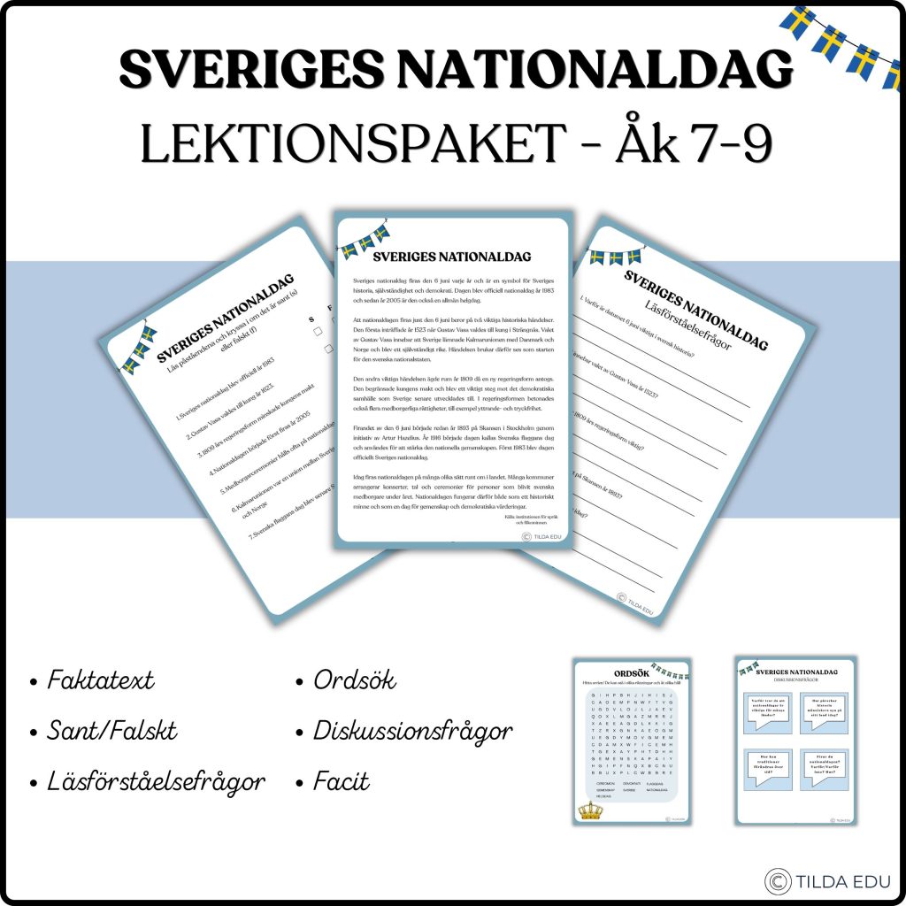 Sveriges nationaldag – Lektionspaket & läsförståelse | Åk 7–9