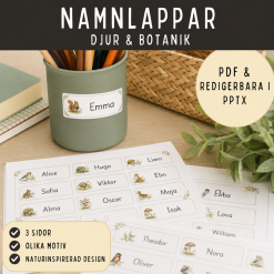 Namnlappar med djur och botanik, som pdf och redigerbara i pptx