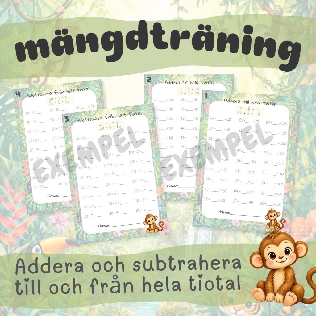 Mängdträning addera och subtrahera till och från hela tiotal 0-100