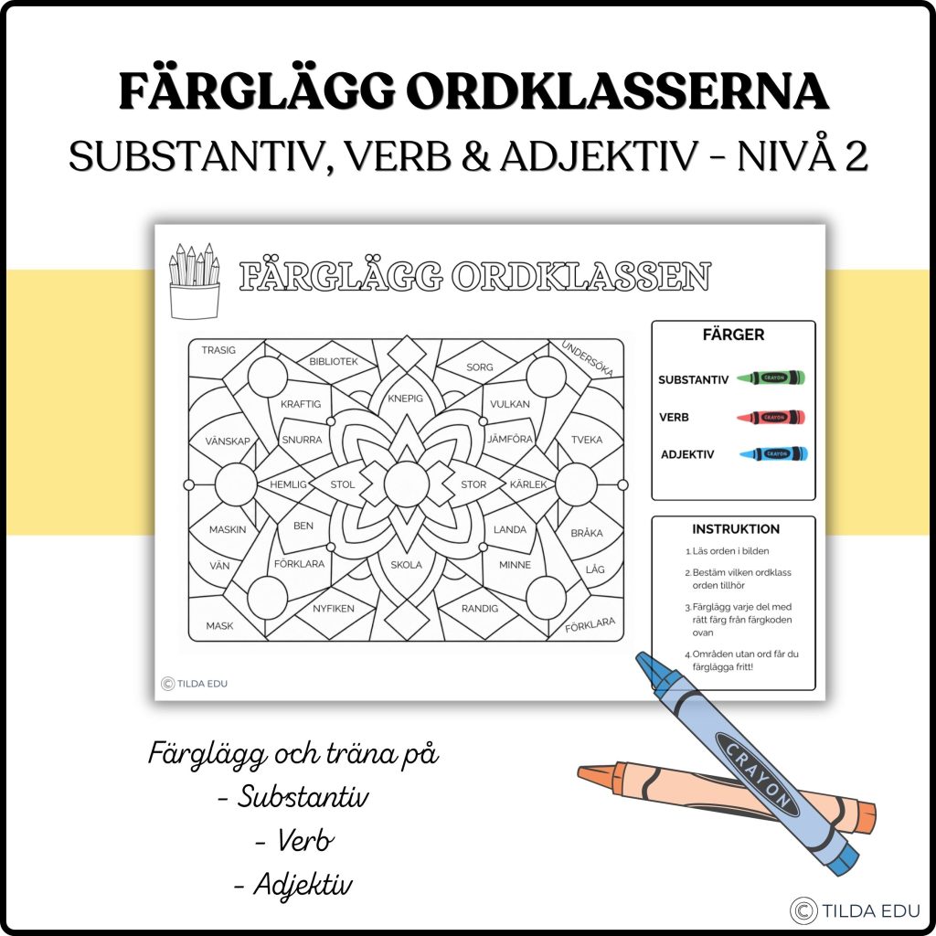 Färglägg ordklasser – substantiv, verb & adjektiv | Nivå 2