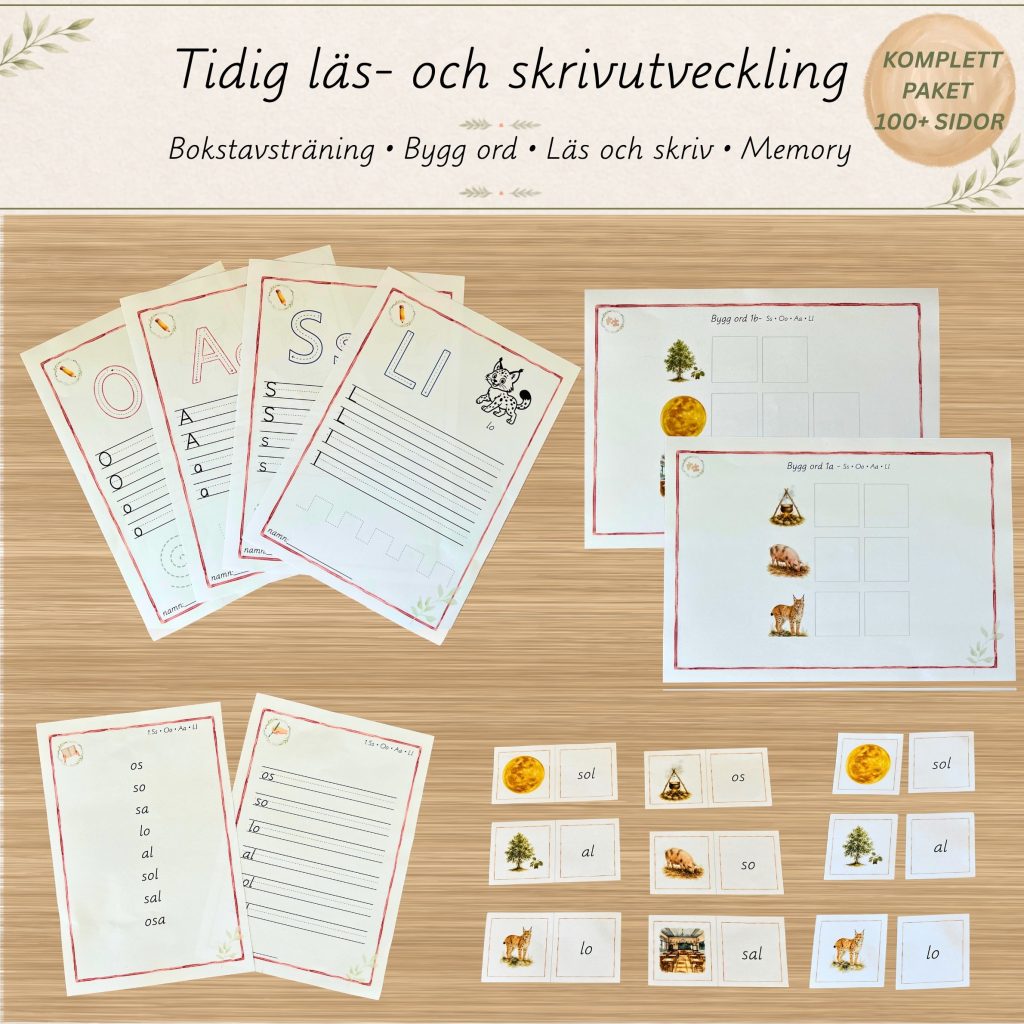 Tidig läs- och skrivutveckling – Komplett paket ⭐ Bokstavsträning • Bygg ord • Läs och skriv • Memory