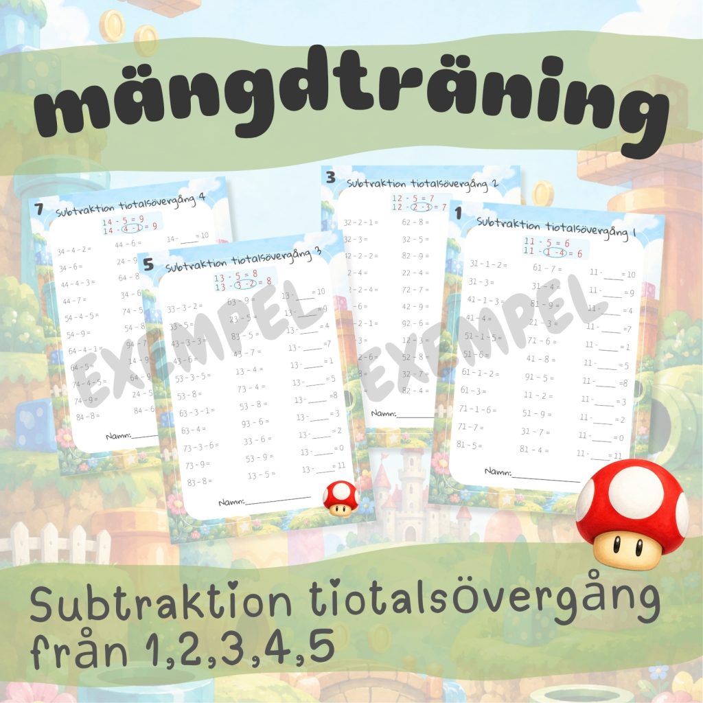 Mängdträning subtraktion tiotalsövergång från 1,2,3,4,5 talområdet 0-100