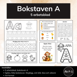 Bokstaven A – 5 arbetsblad för förskoleklass och åk 1
