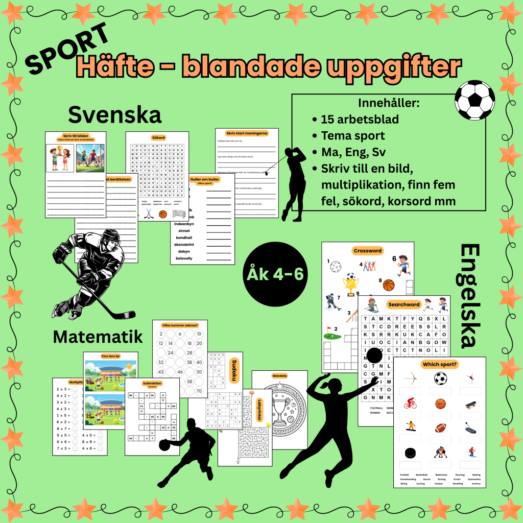 Aktivitets- och övningshäfte åk 4–6 – sporttema, skrivuppgifter, matte, sudoku & klurigheter