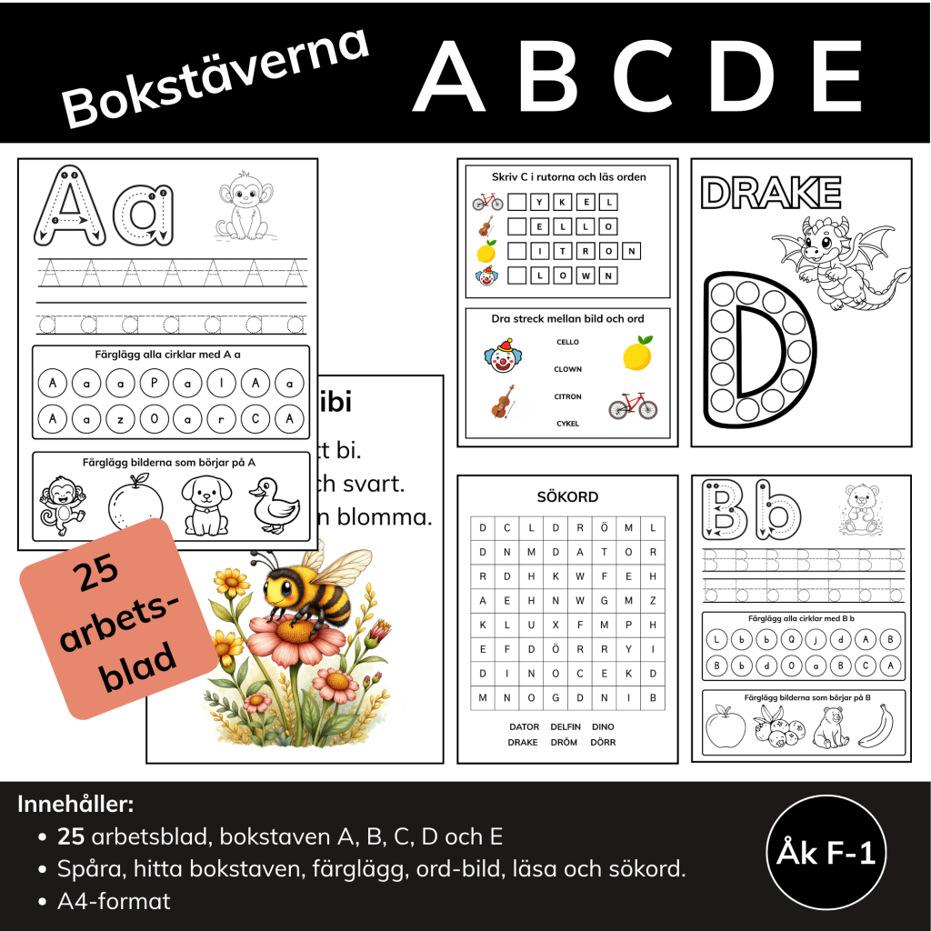 Bokstäverna A, B, C, D, E – Arbetsblad för läsinlärning, färgläggning, ordträning och sökord (Åk F–1)
